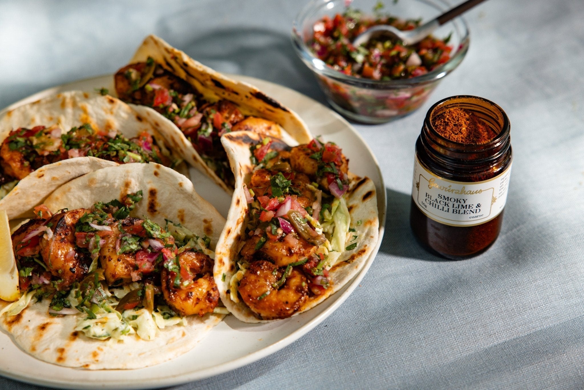 Grilled Prawn Tacos with Creamy Slaw and Pico de Gallo
 &ndash; Gewürzhaus