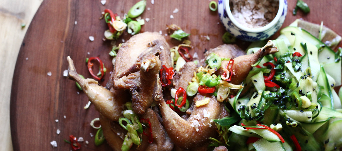 Five Spice Fried Quail with Cucumber Salad Recipe