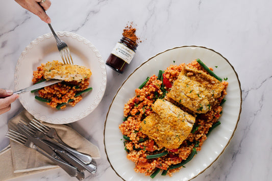 Spanish Crumbed Fish with Red Pepper Cous Cous recipe