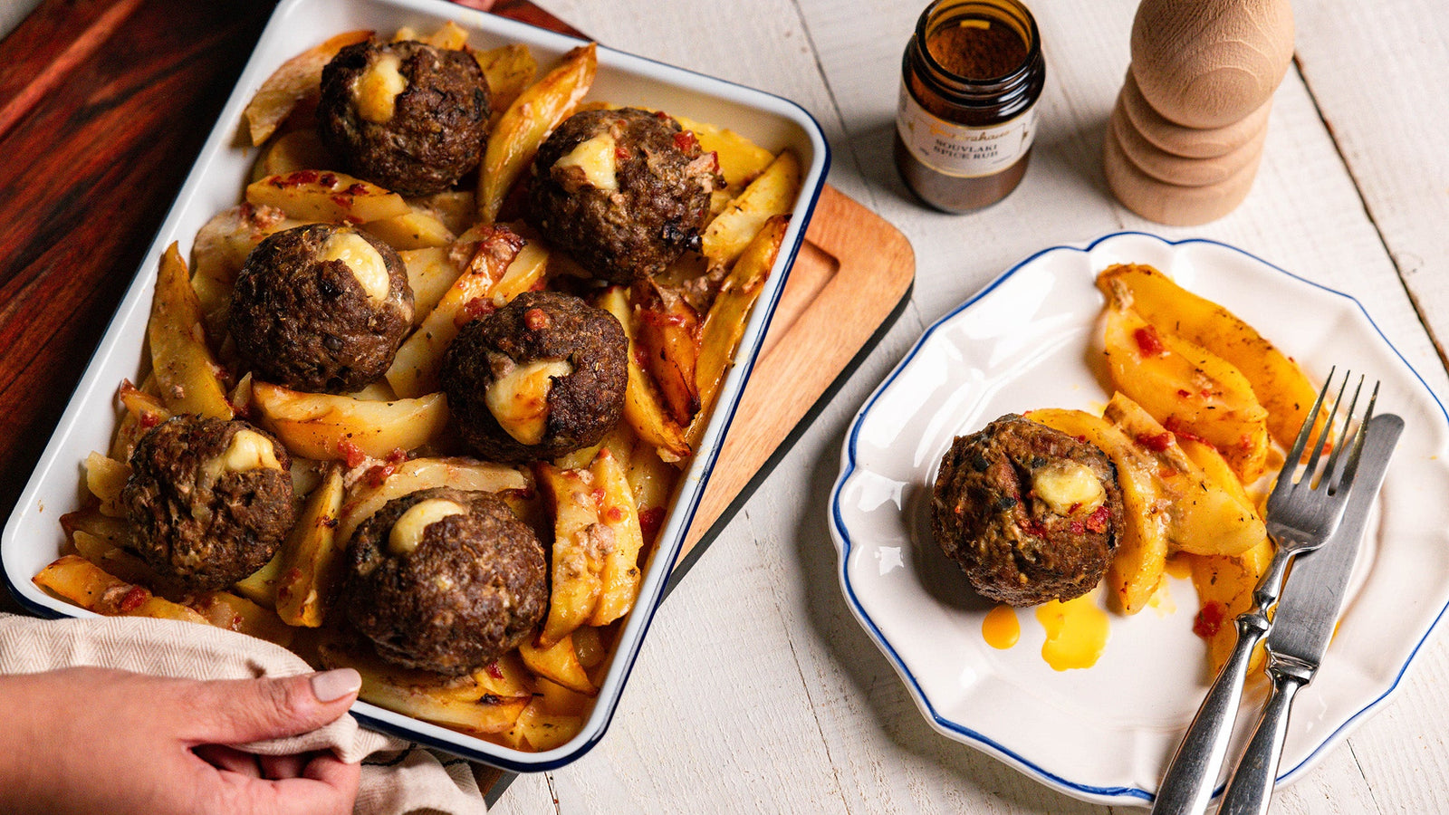 Bifteki with Patates (Greek-style meatballs with roast potatoes)