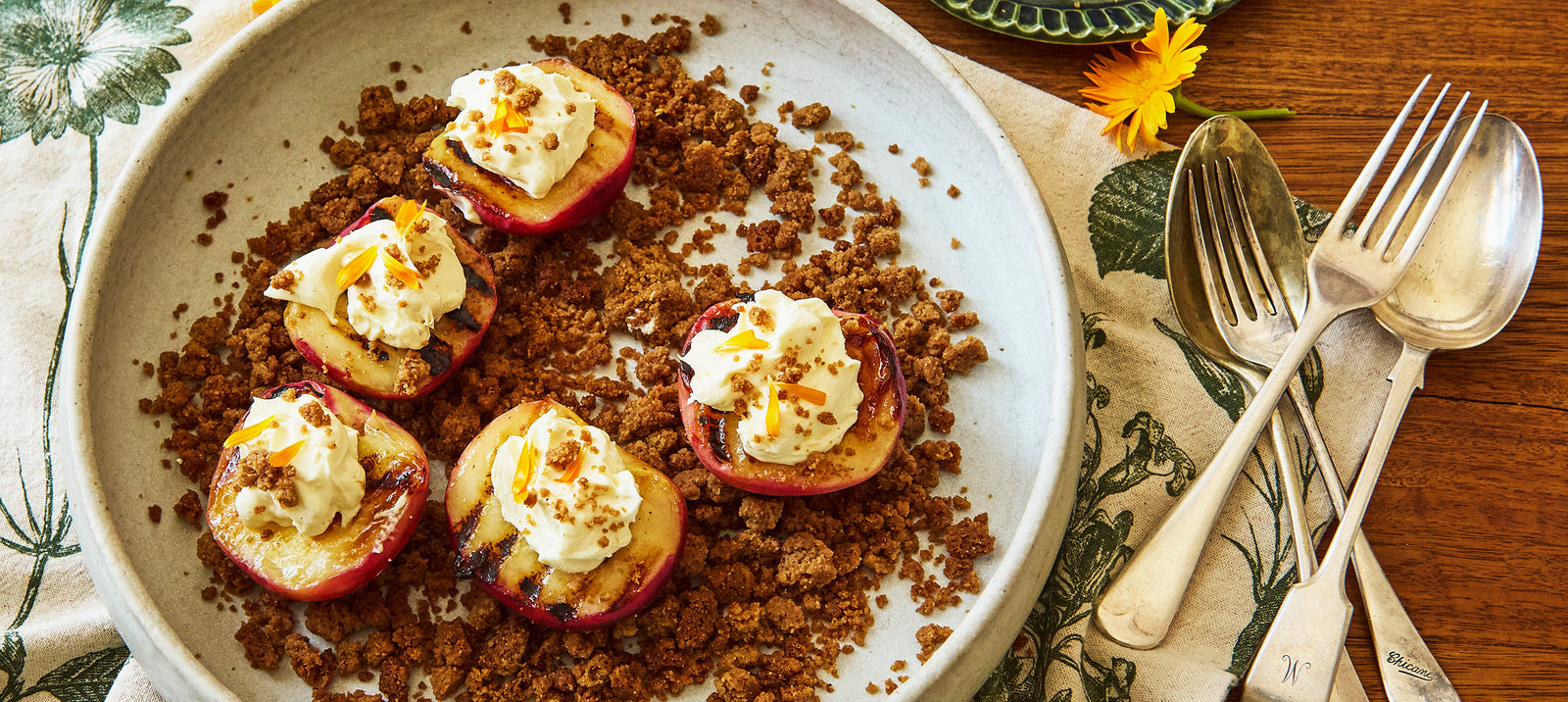 Summer Herb Peaches with Gingerbread Crumb