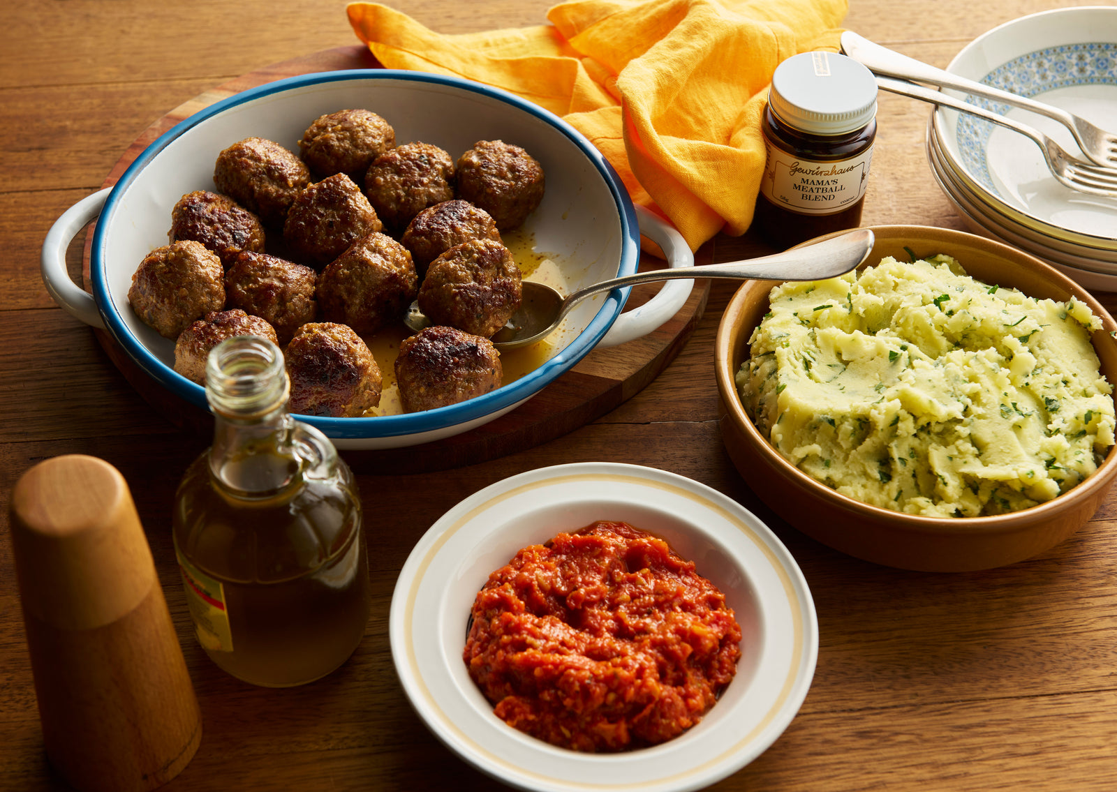 Mama’s Meatballs with Herby Potato Mash & Quick Tomato Salsa