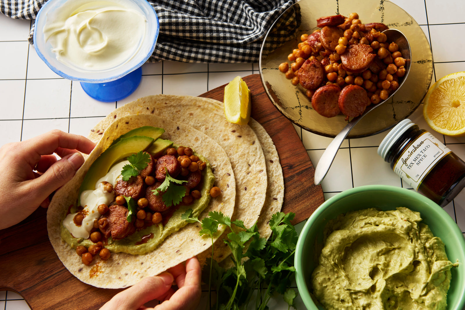 Tex Mex Chickpeas with Chorizo & Avocado Mousse Recipe
