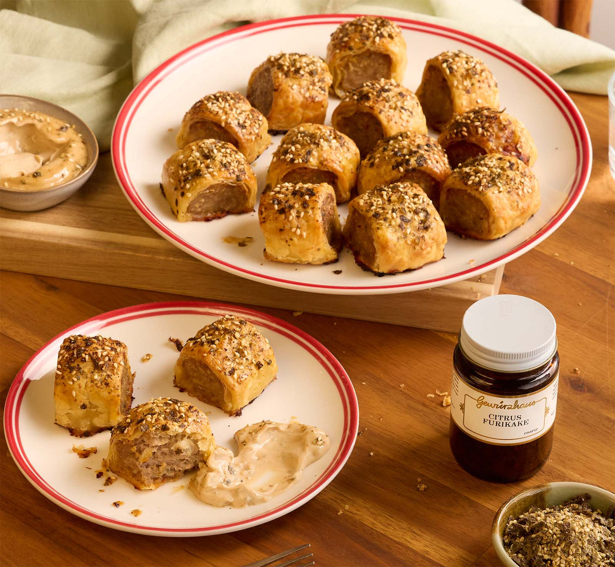Gyoza-Style Sausage Rolls with Citrus Furikake