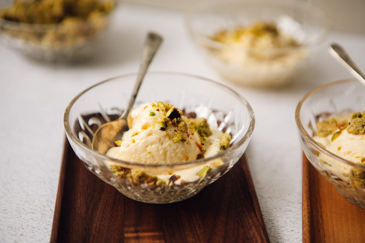Saffron & Honey No-Churn Ice Cream with Pistachio Crumb