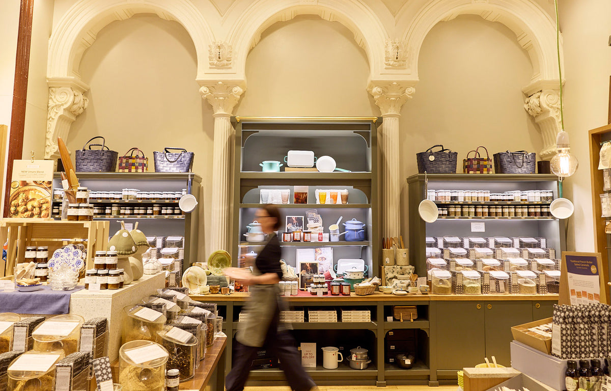 Gewürzhaus Block Arcade, showing spice tubs and merchandise.