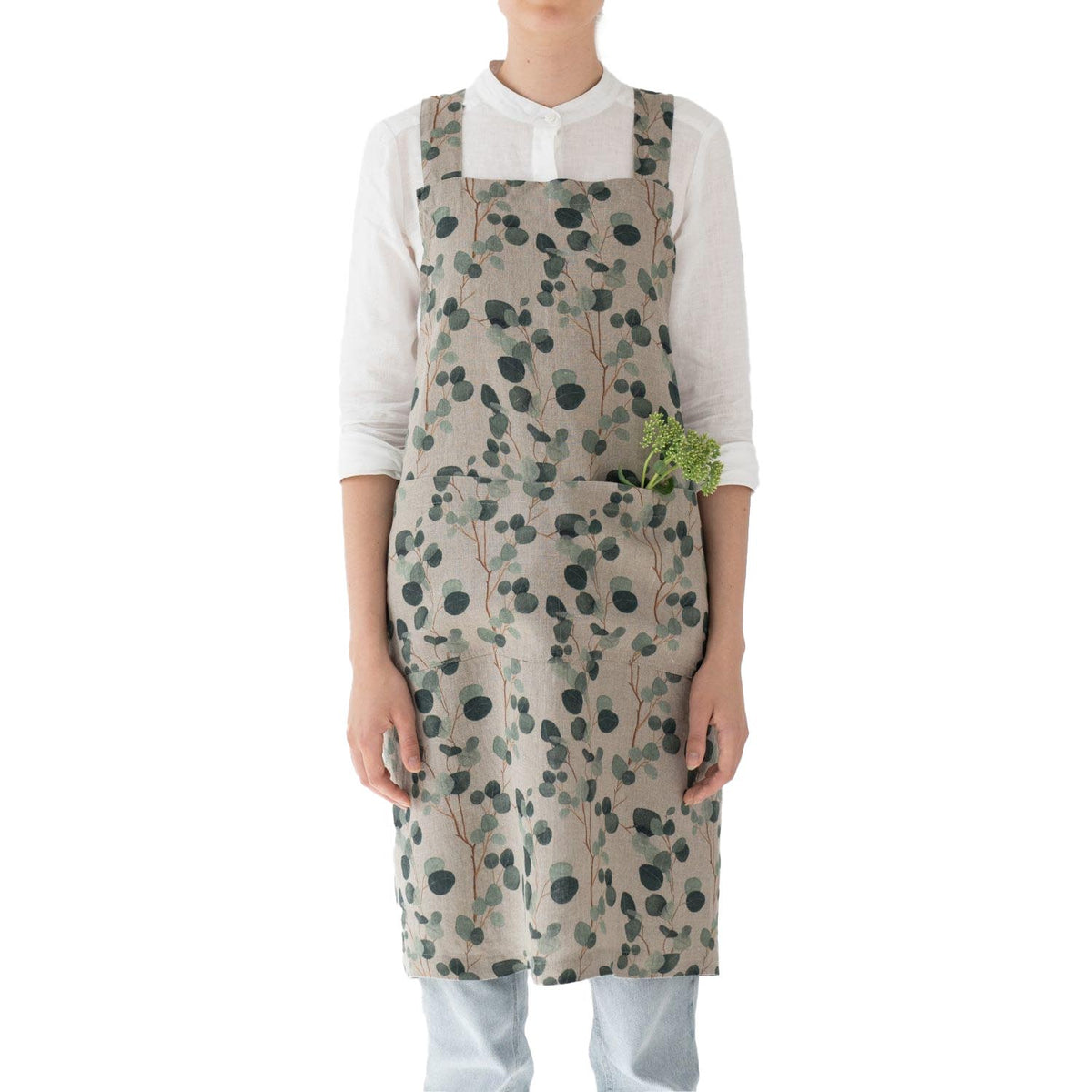 Linen Crossback Apron Eucalyptus on Natural