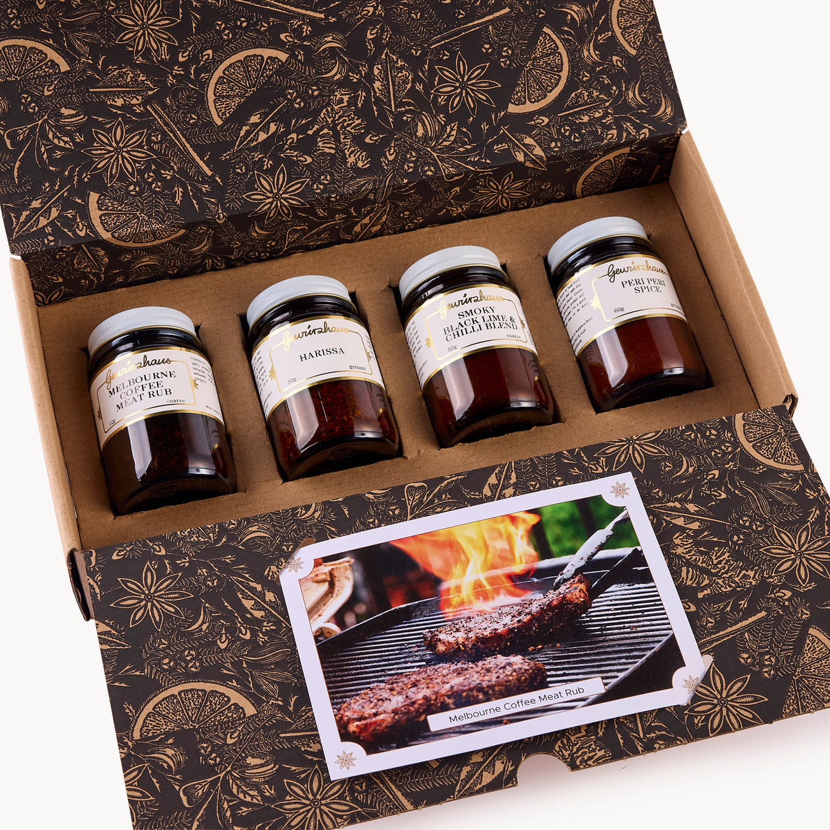 Gewürzhaus Fire & Smoke Gift Pack Open with jars and recipe cards