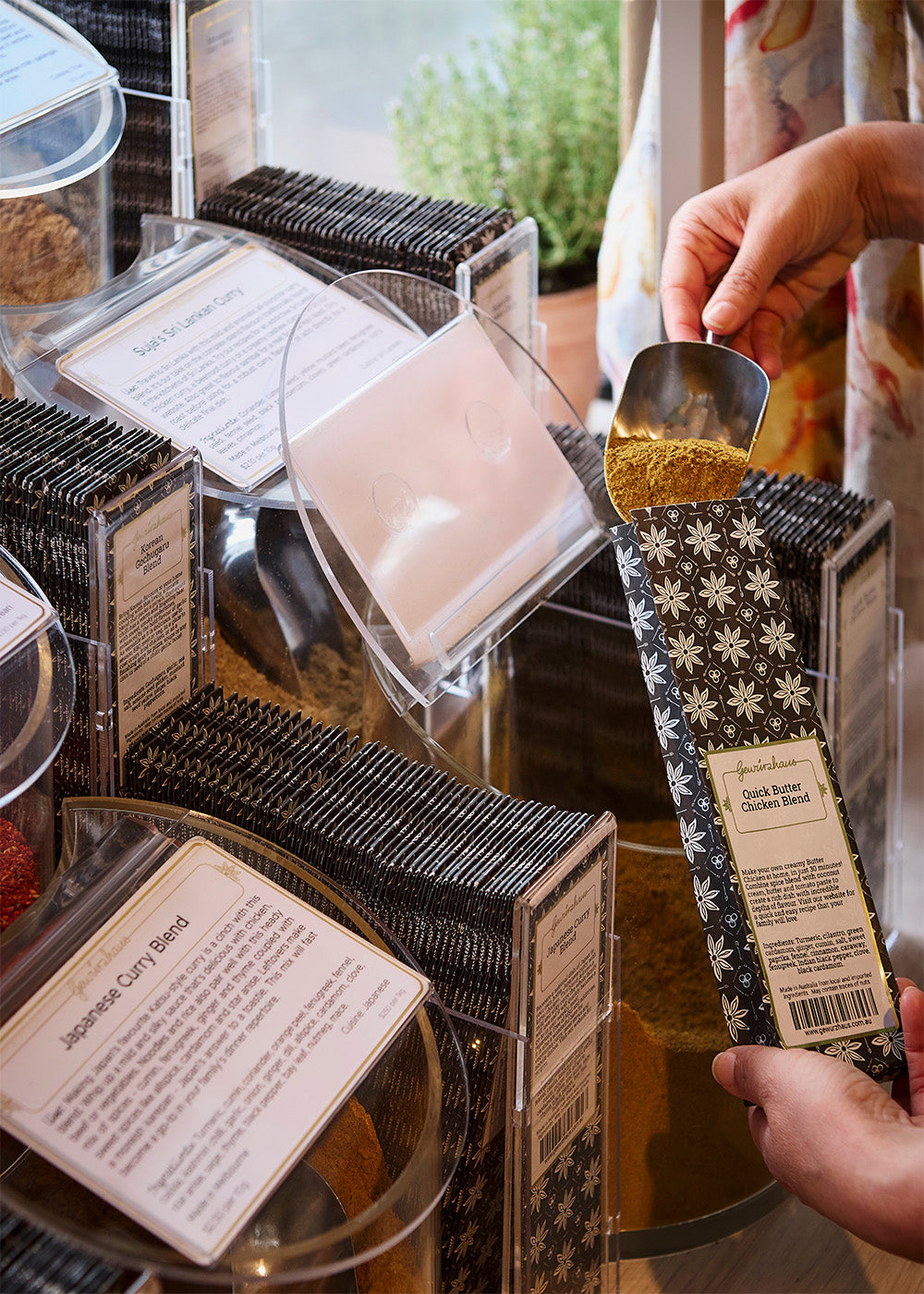 Self-scooping Quick Butter Chicken Blend into a spice bag in store.