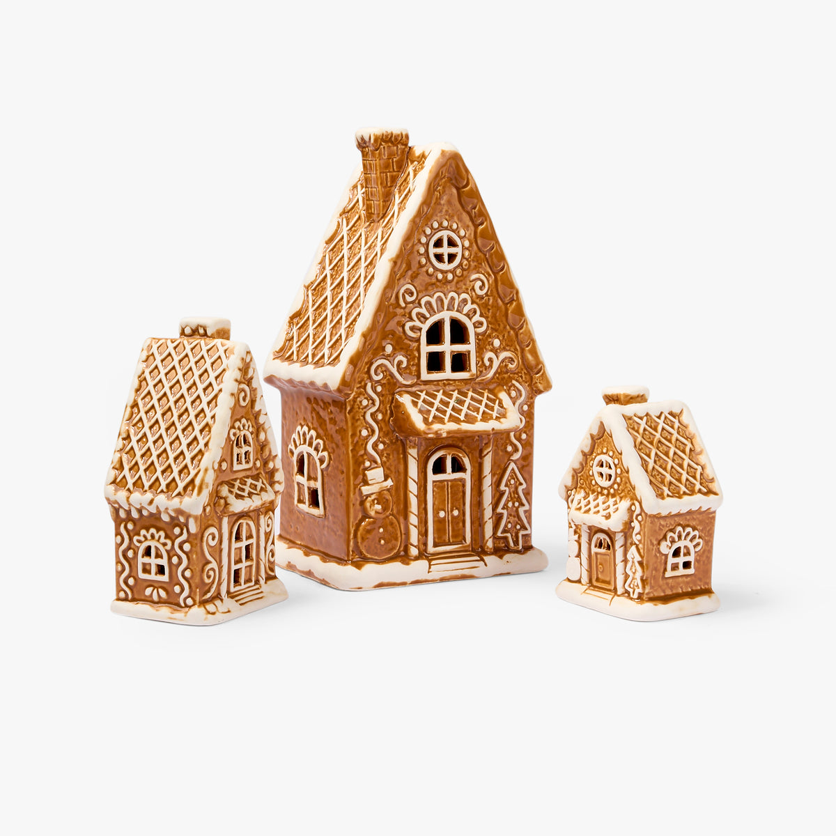 Gingerbread Houses Ceramic with LED, Small, medium, and large