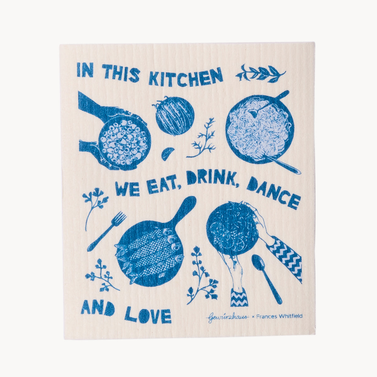 Gewürzhaus - swedish dishcloth with blue Eat, Drink, Dance design 