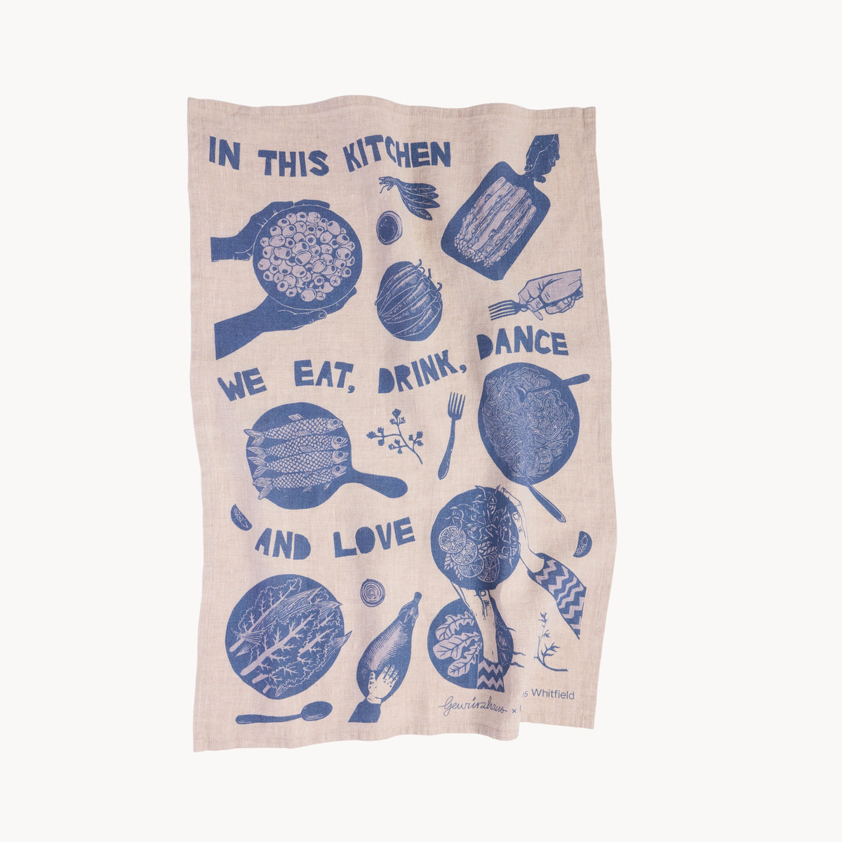 Gewürzhaus - tea towel with blue Eat, Drink, Dance design 