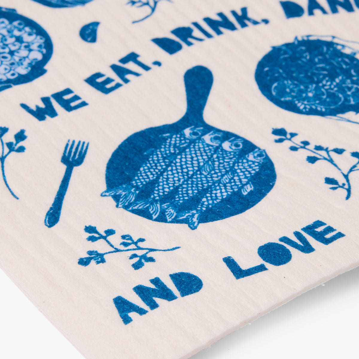Gewürzhaus - swedish dishcloth with blue Eat, Drink, Dance design 