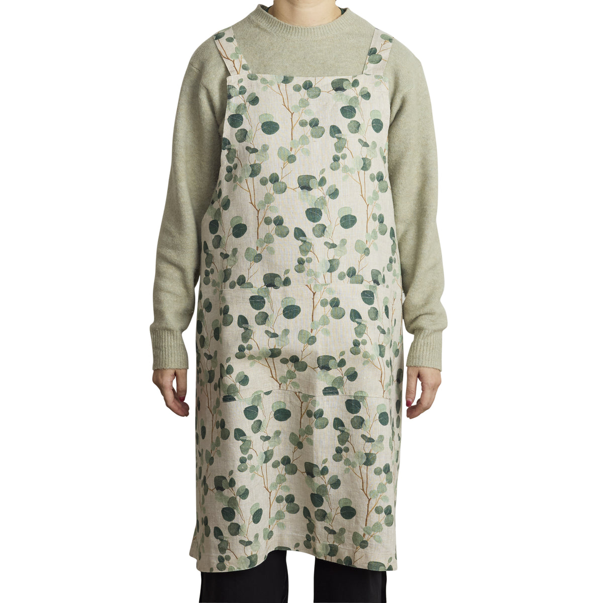 Linen Crossback Apron - Eucalyptus on Natural