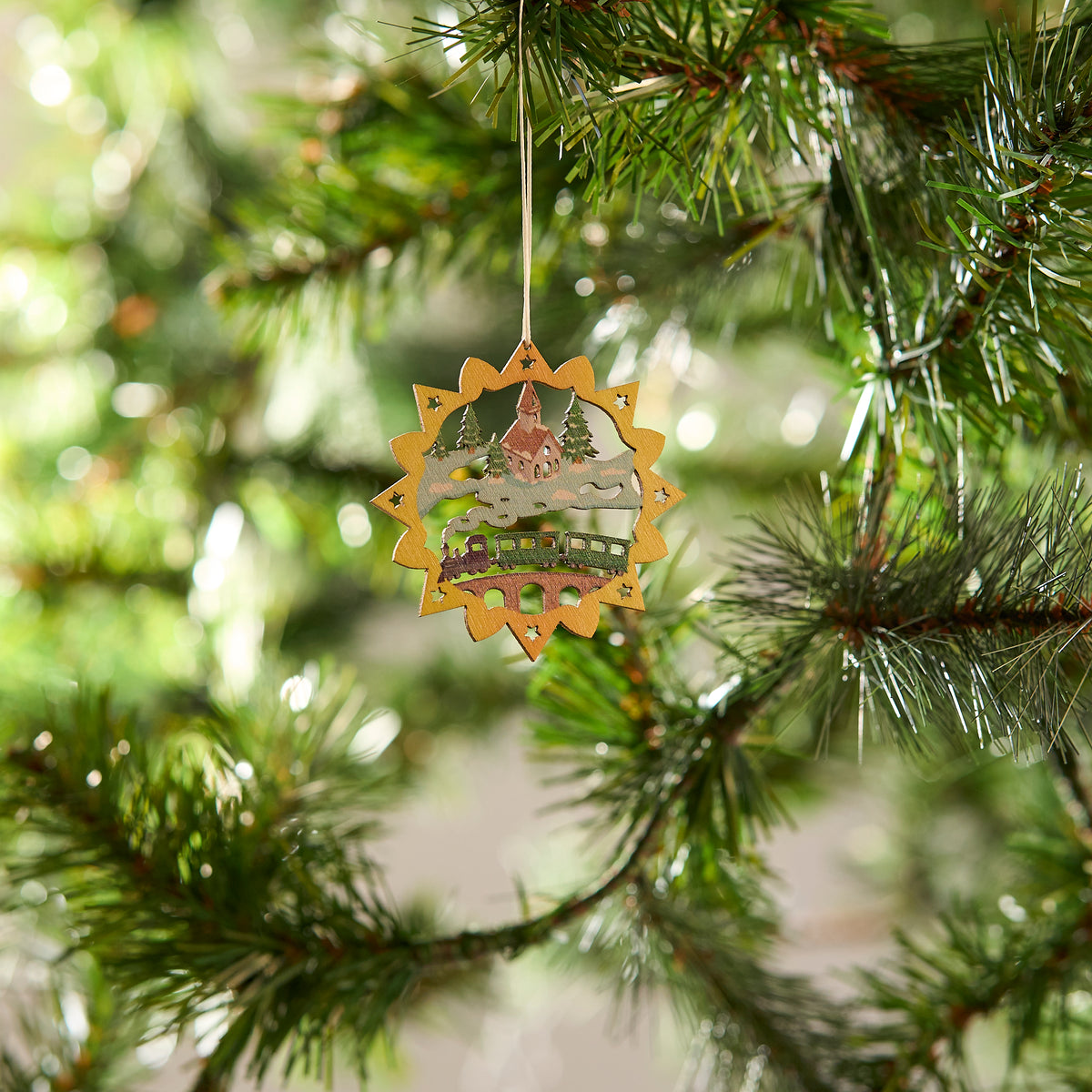 Hanging Ornament, Train and Church in Ring, Colour Lasercut (Set of 6)
