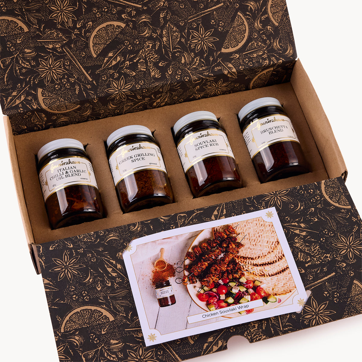 Gewürzhaus Mediterranean Table Gift Pack openw ith jars and recipe cards
