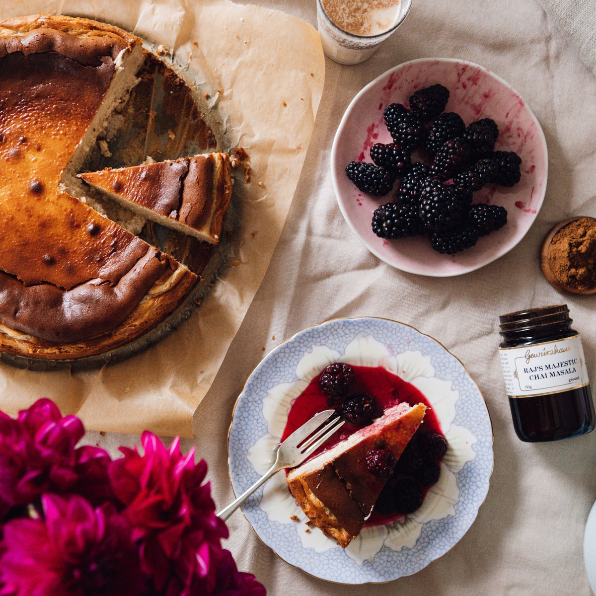 Gewürzhaus - Rajs Majestic Chai Masala - Chai Burnt Basque Cheesecake with Poached Blackberries